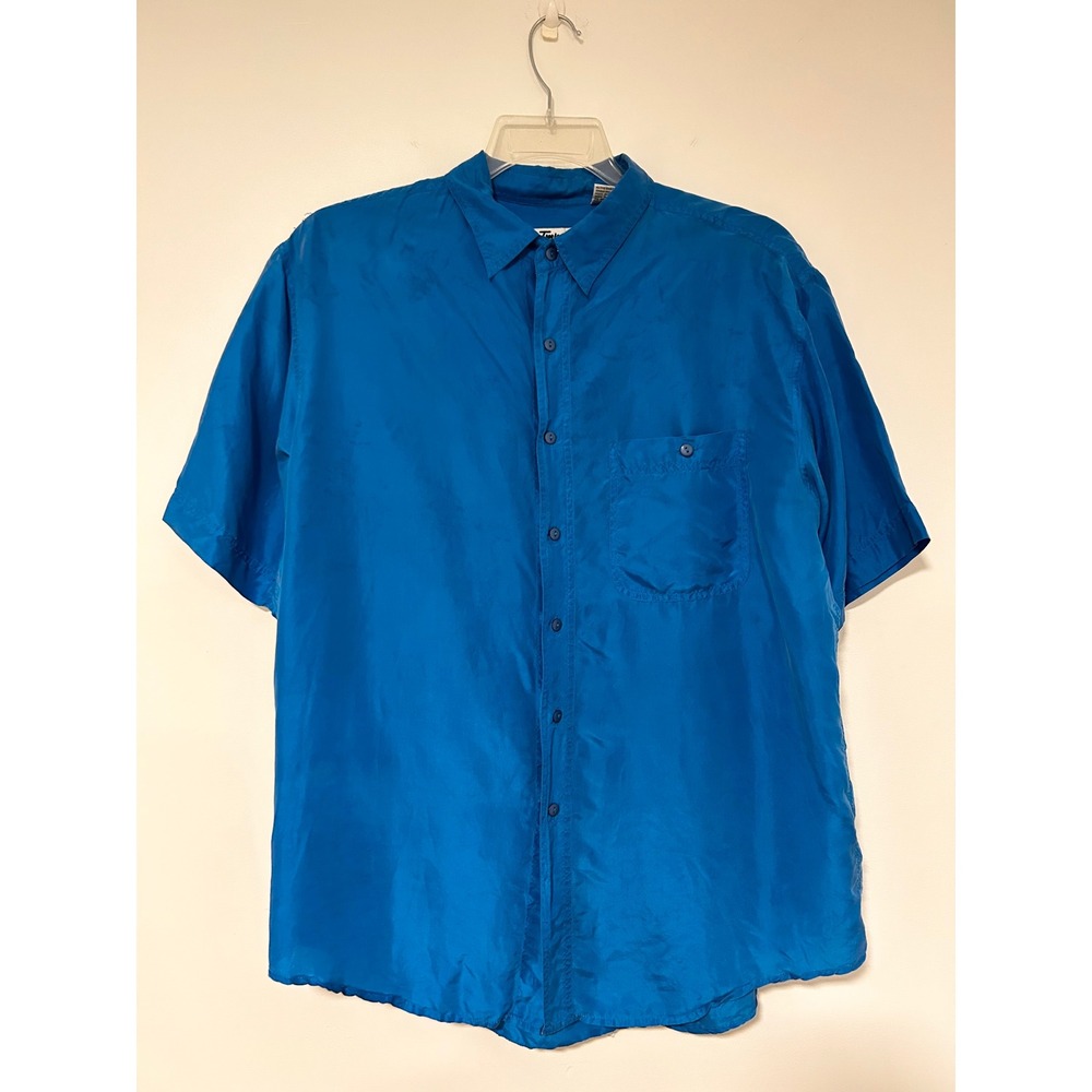 Impact Mens Vintage 100% Washable Silk Short Sleeve Button Down Shirt Blue L